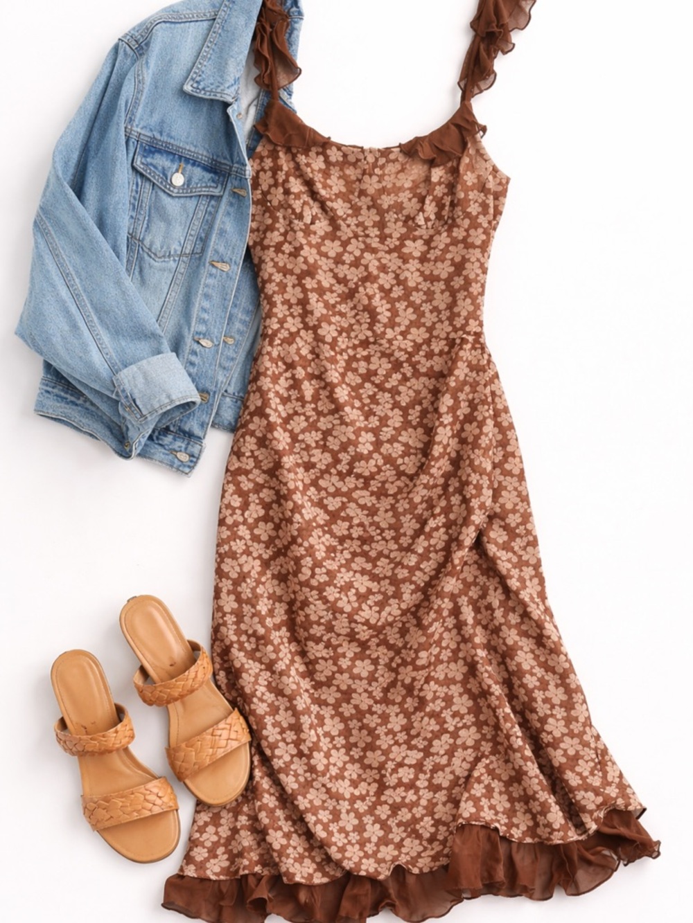 Brown Floral Ruffle-Strap Midi Dress